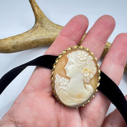 Vintage Carved Shell Cameo Brooch Pin: Gold Filled, Black Velvet Choker