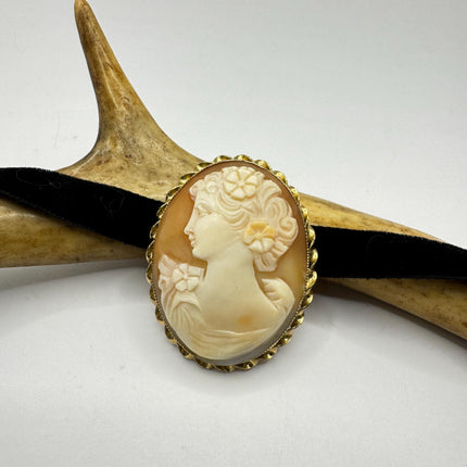 Vintage Carved Shell Cameo Brooch Pin: Gold Filled, Black Velvet Choker