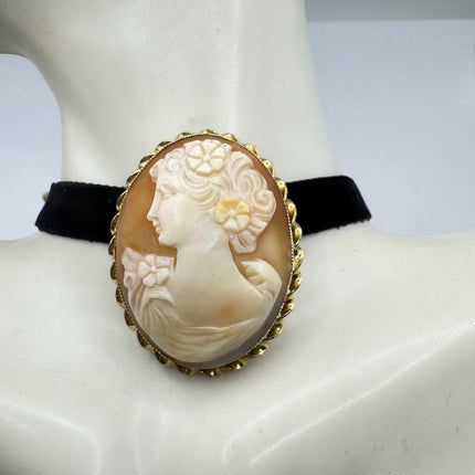 Vintage Carved Shell Cameo Brooch Pin: Gold Filled, Black Velvet Choker