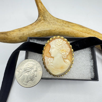 Vintage Carved Shell Cameo Brooch Pin: Gold Filled, Black Velvet Choker
