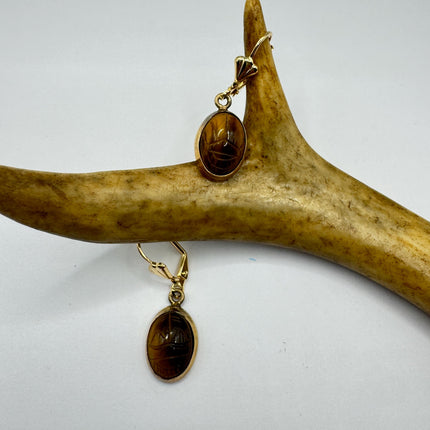 Vintage Tigers Eye Scarab Earrings Dangle Gold Filled