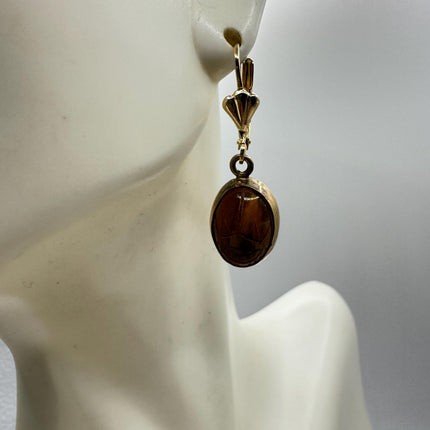 Vintage Tigers Eye Scarab Earrings Dangle Gold Filled