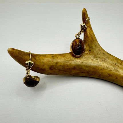 Vintage Tigers Eye Scarab Earrings Dangle Gold Filled