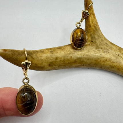 Vintage Tigers Eye Scarab Earrings Dangle Gold Filled
