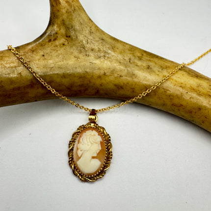 Vintage Small Cameo Pendant Necklace: Gold Filled Charm with Matching Chain Pin Brooch
