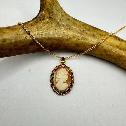 Vintage Small Cameo Pendant Necklace: Gold Filled Charm with Matching Chain Pin Brooch