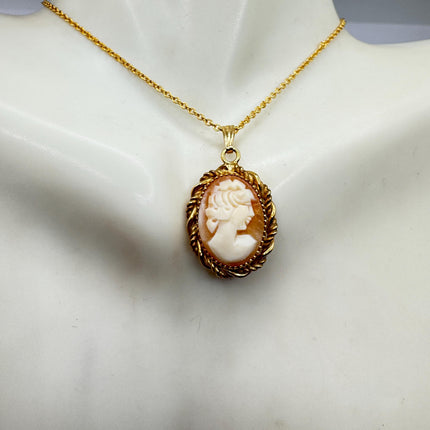 Vintage Small Cameo Pendant Necklace: Gold Filled Charm with Matching Chain Pin Brooch