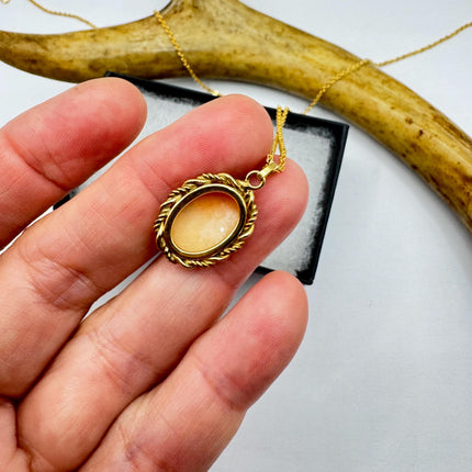 Vintage Small Cameo Pendant Necklace: Gold Filled Charm with Matching Chain Pin Brooch