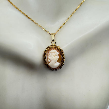 Vintage Small Cameo Pendant Necklace: Gold Filled Charm with Matching Chain Pin Brooch