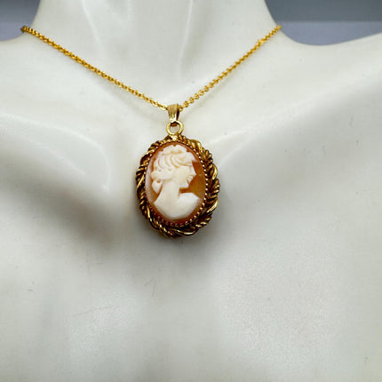 Vintage Small Cameo Pendant Necklace: Gold Filled Charm with Matching Chain Pin Brooch