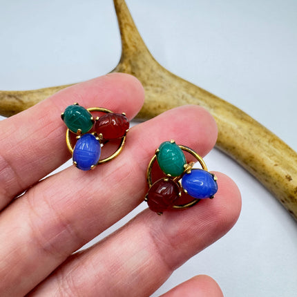 Vintage Green Nephrite Jade Carnelian Scarabs Screw Clip-On Earrings