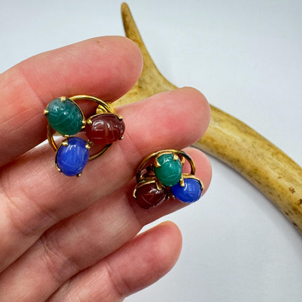 Vintage Green Nephrite Jade Carnelian Scarabs Screw Clip-On Earrings