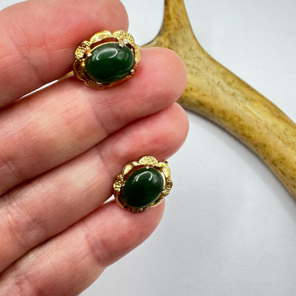 Vintage Green Nephrite Jade Clip-On Earrings Gold Filled Delicate Screw Back Design