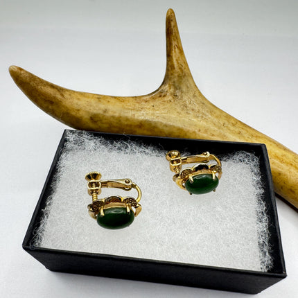 Vintage Green Nephrite Jade Clip-On Earrings Gold Filled Delicate Screw Back Design