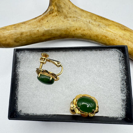 Vintage Green Nephrite Jade Clip-On Earrings Gold Filled Delicate Screw Back Design