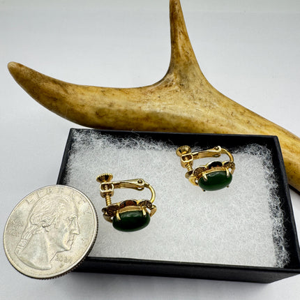 Vintage Green Nephrite Jade Clip-On Earrings Gold Filled Delicate Screw Back Design