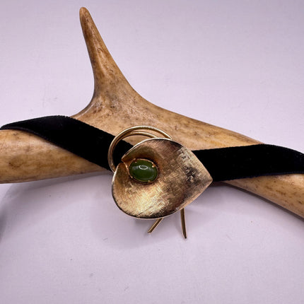 Vintage Green Jade Brooch Pin: Gold Filled Velvet Choker