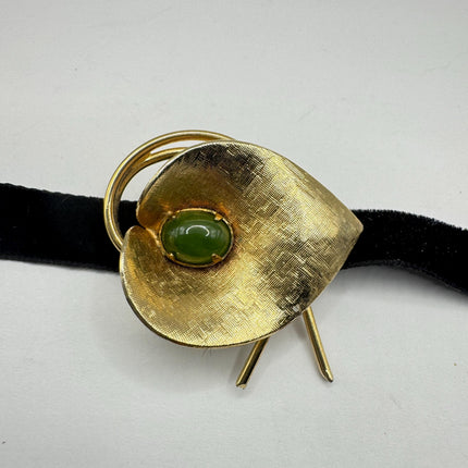 Vintage Green Jade Brooch Pin: Gold Filled Velvet Choker
