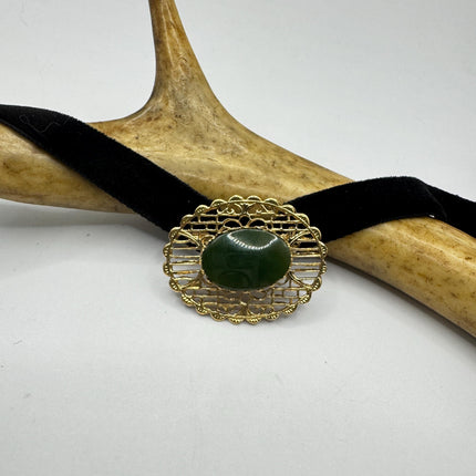 Vintage Green Jade Brooch Pin: Gold Filled Velvet Choker
