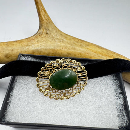 Vintage Green Jade Brooch Pin: Gold Filled Velvet Choker