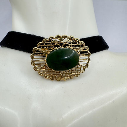 Vintage Green Jade Brooch Pin: Gold Filled Velvet Choker