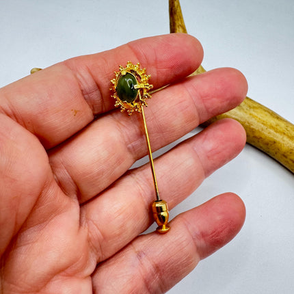Vintage Green Jade Brooch Stick Pin: Gold Filled