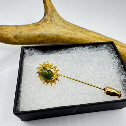 Vintage Green Jade Brooch Stick Pin: Gold Filled