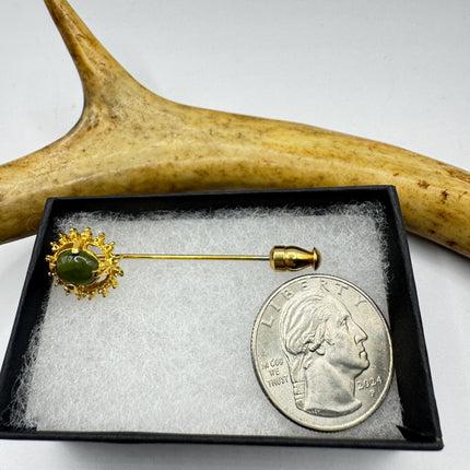 Vintage Green Jade Brooch Stick Pin: Gold Filled