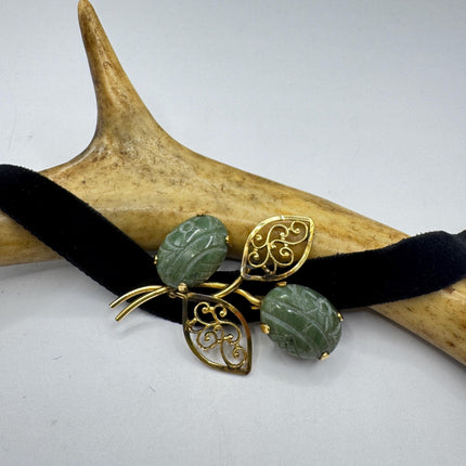 Vintage Green Jade Brooch Pin: Gold Filled Velvet Choker