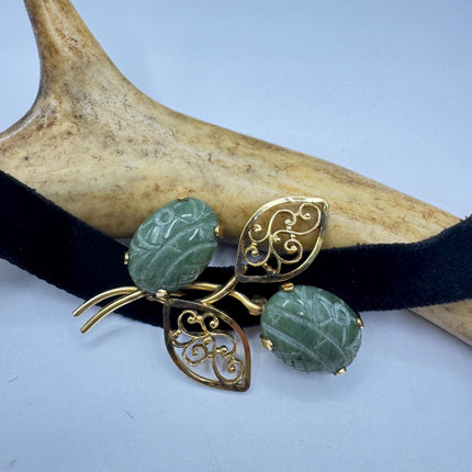 Vintage Green Jade Brooch Pin: Gold Filled Velvet Choker
