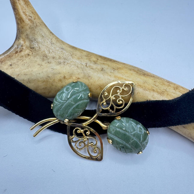 Vintage Green Jade Brooch Pin: Gold Filled Velvet Choker