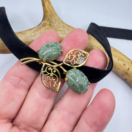 Vintage Green Jade Brooch Pin: Gold Filled Velvet Choker