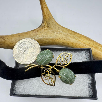 Vintage Green Jade Brooch Pin: Gold Filled Velvet Choker