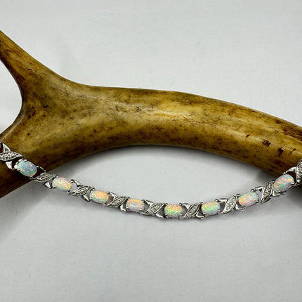 Vintage White Opal Tennis Bracelet: 925 Sterling Silver Diamond Chip
