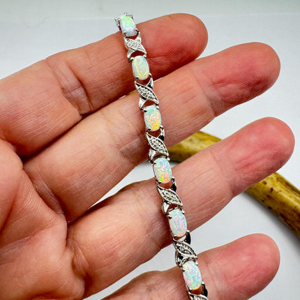 Vintage White Opal Tennis Bracelet: 925 Sterling Silver Diamond Chip