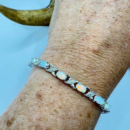 Vintage White Opal Tennis Bracelet: 925 Sterling Silver Diamond Chip