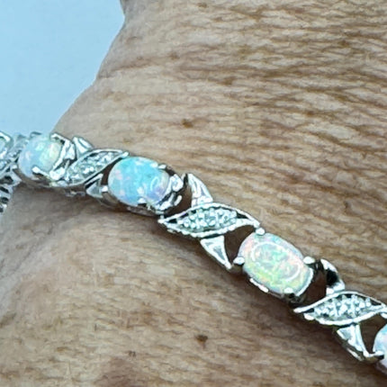 Vintage White Opal Tennis Bracelet: 925 Sterling Silver Diamond Chip