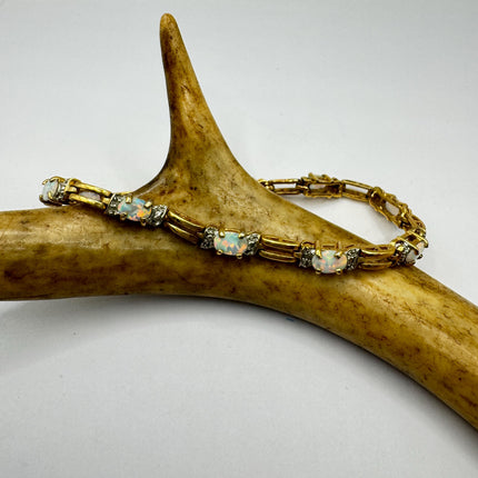 Vintage White Opal Tennis Bracelet Gold 925 Sterling Silver Diamond Chip