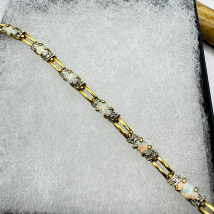 Vintage White Opal Tennis Bracelet Gold 925 Sterling Silver Diamond Chip