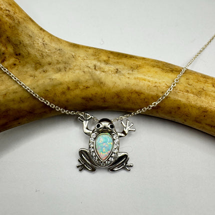 Frog Pendant Necklace: Vintage Sterling Silver - Fire Opal White Sapphires