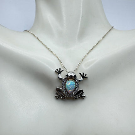 Frog Pendant Necklace: Vintage Sterling Silver - Fire Opal White Sapphires