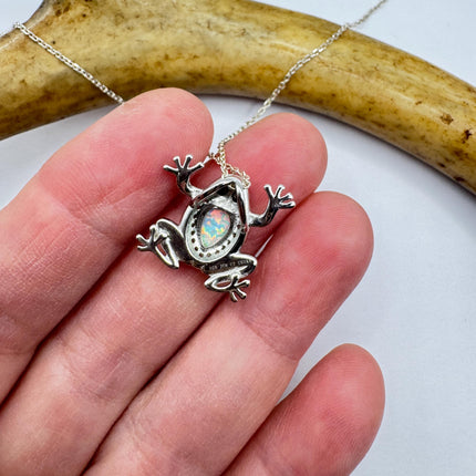 Frog Pendant Necklace: Vintage Sterling Silver - Fire Opal White Sapphires