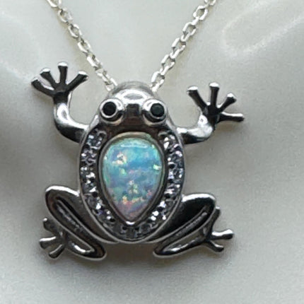 Frog Pendant Necklace: Vintage Sterling Silver - Fire Opal White Sapphires
