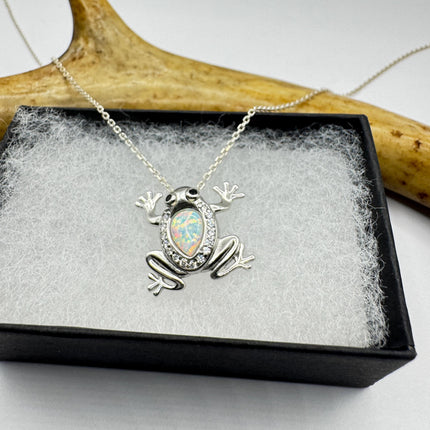 Frog Pendant Necklace: Vintage Sterling Silver - Fire Opal White Sapphires