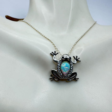 Frog Pendant Necklace: Vintage Sterling Silver - Fire Opal White Sapphires
