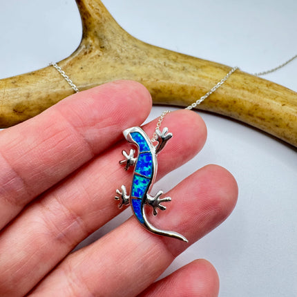 Lizard Pendant Necklace: Vintage Sterling Silver - Fire Opal