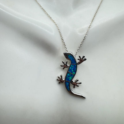Lizard Pendant Necklace: Vintage Sterling Silver Blue Fire Opal