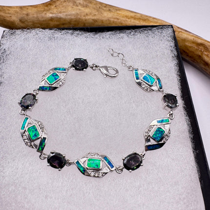 Vintage Fire Opal Mystic Topaz Tennis Bracelet: 925 Sterling Silver Diamond Chip