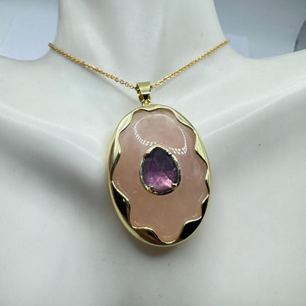 Vintage Pink Rose Quartz Amethyst Boho Gold Filled Necklace