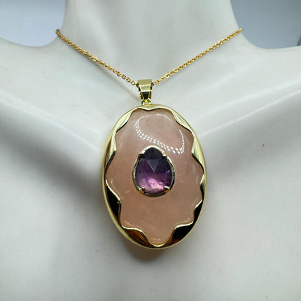Vintage Pink Rose Quartz Amethyst Boho Gold Filled Necklace